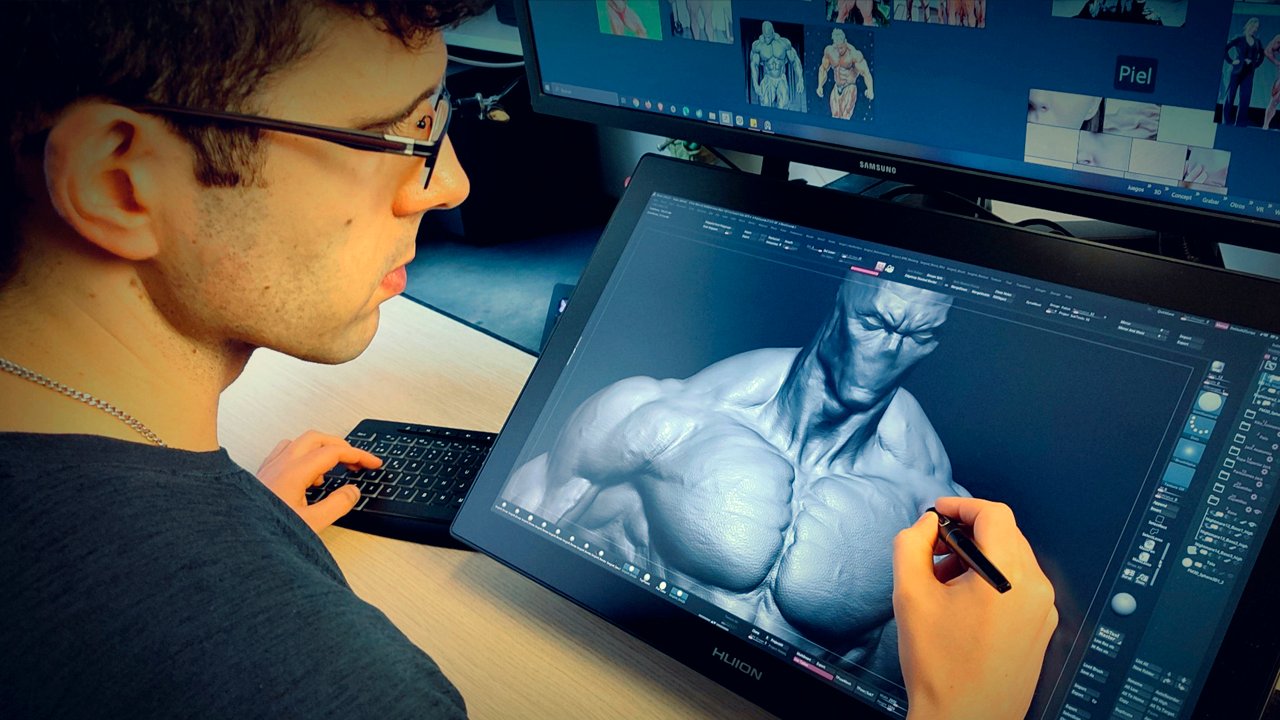 Foto de Sergio trabajando o grid de modelos reales: videojuego / figura / miniatura / cinemática